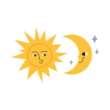Sun and moon, cartoon style. Cute character. Trendy modern vector illustration isolated on white background, hand drawn