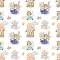 Safari Baby Animal Kids Seamless Pattern Watercolor Background Textile Print Digital Paper