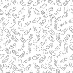 Women shoes seamless pattern background. Different types of shoes. Editable stroke size.
