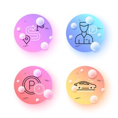 Journey, Car and Valet servant minimal line icons. 3d spheres or balls buttons. Parking time icons. For web, application, printing. Trip distance, Transport, Parking man. Park clock. Vector