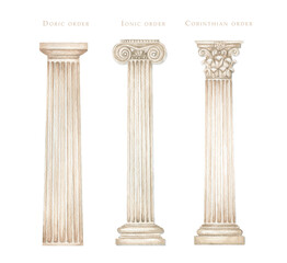 Watercolor antique column corinthian ionic doric order, Ancient Classic Greek pillar set, Roman Columns, Architecture facade elements Realistic drawing illustration isolated on white background - obrazy, fototapety, plakaty