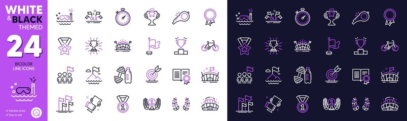 Winner ribbon, Whistle and Ole chant line icons for website, printing. Collection of Winner podium, Leadership, Diploma icons. Success, Sports arena, Trophy web elements. Flag. Vector