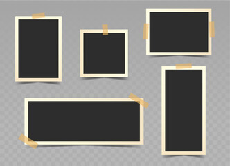 Set of black photo frames different formats with beige adhesive tape. Vector realistic mockup. Vertical, Horizontal, Wide, Square Blank Templates. Five empty photo cards with border. EPS10.