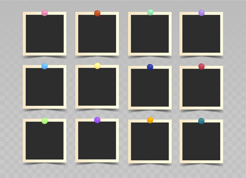Set of black square photo frames on colored pins. Vector realistic mockup.  12 posters, photo cards or paper sheets with white border. Blank Template for collages and design. EPS10.