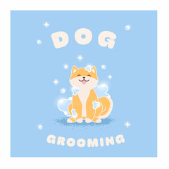 Illustration of a dog. Grooming dogs. Funny kawaii shiba inu.