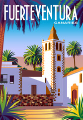 Cityscape of Betancuria with historic church, bell tower, palms and mountains in the background. Handmade drawing vector illustration. Fuerteventura Canary Islands travel poster. - obrazy, fototapety, plakaty