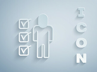 Paper cut Resume icon isolated on grey background. CV application. Searching professional staff. Analyzing personnel resume. Paper art style. Vector