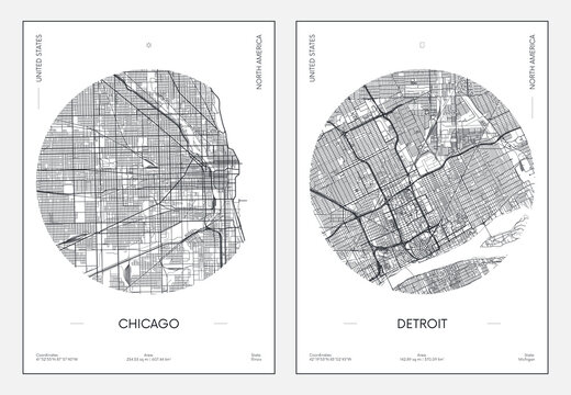 Travel poster, urban street plan city map Chicago and Detroit, vector illustration