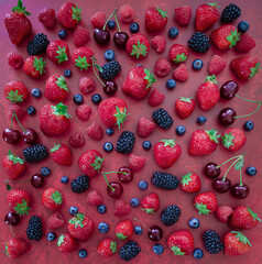  berries and cherries on a red background  