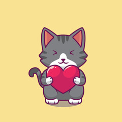 Cute cat holding love cartoon illustration