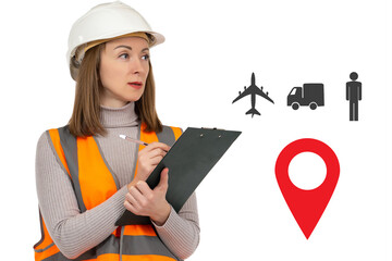 Logistics transport. Woman is engaged in logistic transportation. She chooses how to deliver the goods. Collage on logistics transport. Logistician girl holding a tablet. Logistics work