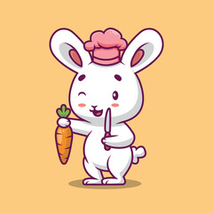 Cute chef rabbit holding knife and carrot cartoon illustration