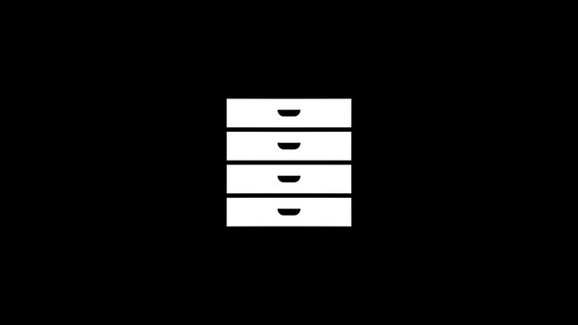 White picture of drawers on a black background. bedside table for storing things in the house. Distortion liquid style transition icon for your project. 4K video animation for motion graphics and