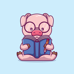 Cute pig reading book cartoon illustration