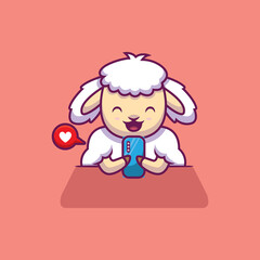 Cute sheep playing phone cartoon illustration