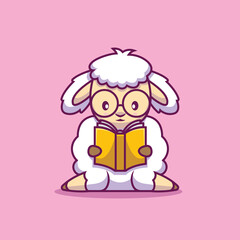 Cute sheep reading book cartoon illustration