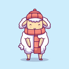 Cute sheep wearing scarf and beanie cartoon illustration