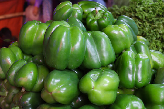 green colored capsicum stock on shop