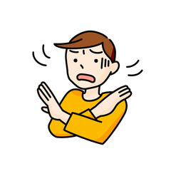 腕をクロスさせて否定の意思を示す男性のイラスト（白背景・ベクター・切り抜き）