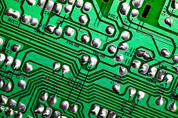 Macro Close up of printed wiring on PC circuit board..