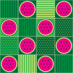 Watermelon mosaic pattern green tile. Colorful patchwork for tablecloth, oilcloth or other textile design. Quilt design from stitched squares.