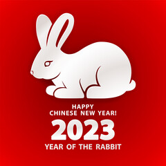 Rabbit is a symbol of the 2023 Chinese New Year. Holiday vector illustration of decorative Zodiac Sign of Rabbit on a red background. Design element for banner, poster, flyer, greeting card