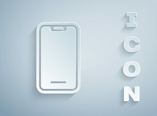Paper cut Smartphone, mobile phone icon isolated on grey background. Paper art style. Vector