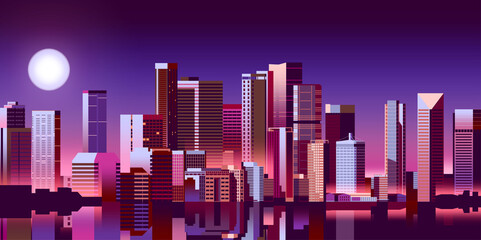 Futuristic night city. Cityscape on a dark background with bright and glowing neon purple and rose lights. Cyberpunk handmade drawing vector illustration.
