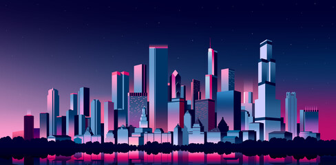 Futuristic night city. Cityscape on a dark background with bright and glowing neon purple and rose lights. Cyberpunk handmade drawing vector illustration.
