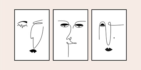 Set of abstract face art figure wall art. One line drawing abstract face modern poster. One line women face aesthetic poster collection.