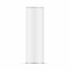 Realistic blank cylinder tube with shadow. White matte paper cardboard box with plastic lid. Mockup template design for snack and chips products. Vector 3d illustration