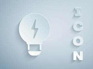 Paper cut Creative lamp light idea icon isolated on grey background. Concept ideas inspiration, invention, effective thinking, knowledge and education. Paper art style. Vector