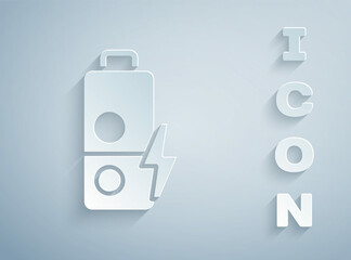 Paper cut Battery charge level indicator icon isolated on grey background. Paper art style. Vector