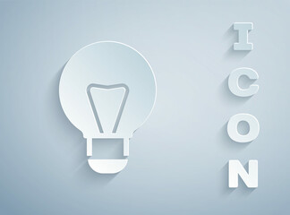 Paper cut Creative lamp light idea icon isolated on grey background. Concept ideas inspiration, invention, effective thinking, knowledge and education. Paper art style. Vector