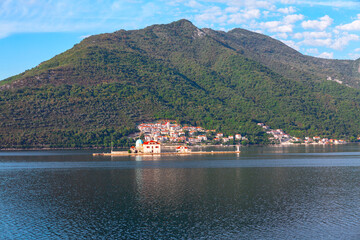 Church at magnificent small island in Kotor Bay Montenegro . Latarnia Morska Our Lady of the Rock