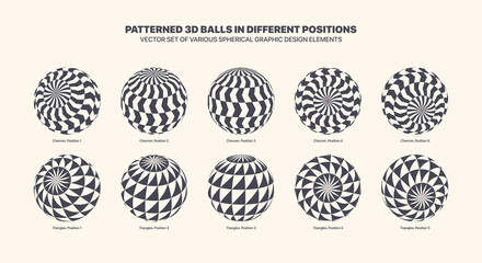 Assorted Various Vector Patterned 3D Balls In Different Positions With Checkered Chevron And Triangle Pattern Set Isolated On Light Back. Black White Graphic Variety 3D Spherical Design Elements Group
