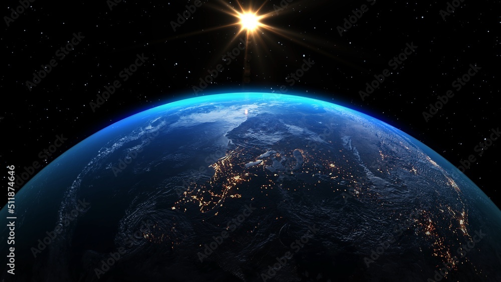 Poster planet earth with realistic geography surface and orbital 3d cloud atmosphere . outer space view of 