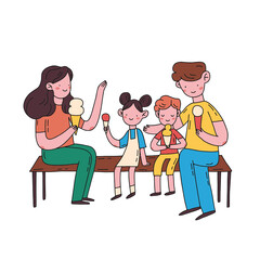 Family summer concept illustration. Parents and their child spending time together outside with ice cream. Hand drawn flat colorful vector drawing.