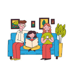 Parents and his daughter reading a book. Hand drawn flat colorful illustration. Isolated minimal illustration in doodle style.