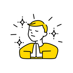 両手を合わせて推しに感謝する男性のイラスト（白背景・ベクター・切り抜き）