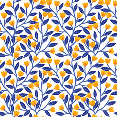 Seamless ivy pattern features yellow flowers and blue leaves on a white background.