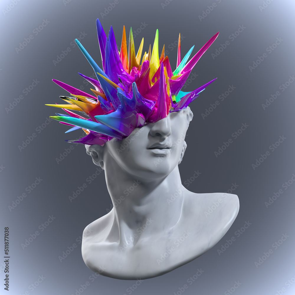 Poster 3d rendering illustration of a broken marble fragment of head sculpture in classical style with colo