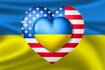 Flags of Ukraine and USA. Two hearts in the colors of the flags on the background of the flag of Ukraine. Protection, solidarity and help. Coalition of States.