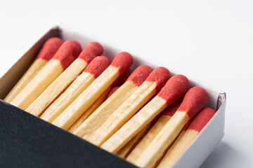 Burnt matches isolated on white. Box of matches. Different stages of match burning Burnt matches. 