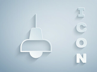 Paper cut Lamp hanging icon isolated on grey background. Ceiling lamp light bulb. Paper art style. Vector
