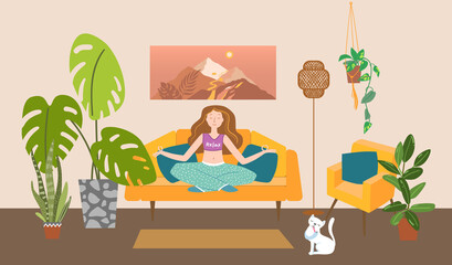 Obraz na płótnie Canvas A young woman meditates while sitting on the couch. Interior vector illustration. Cozy cute room.