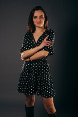 Beautiful glamour sexy woman dark brunette hair wear long silk dress