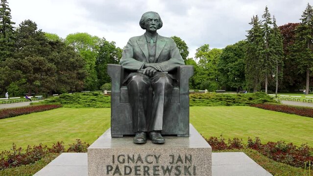 Monument of Ignacy Jan Paderewski , Ujazdow Park in Warsaw city, Poland, 4k