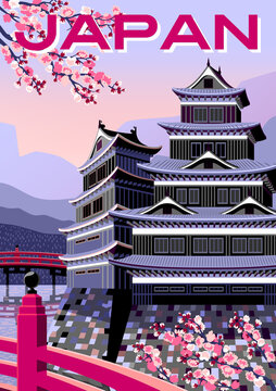 Japan Travel Poster with a bridge, cherry blossoms and an ancient castle and mountains in the background. Handmade drawing vector illustration. Flat design. Vintage style. 
