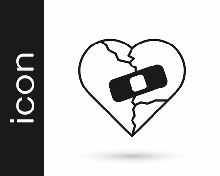 Black Healed broken heart or divorce icon isolated on white background. Shattered and patched heart. Love symbol. Valentines day. Vector